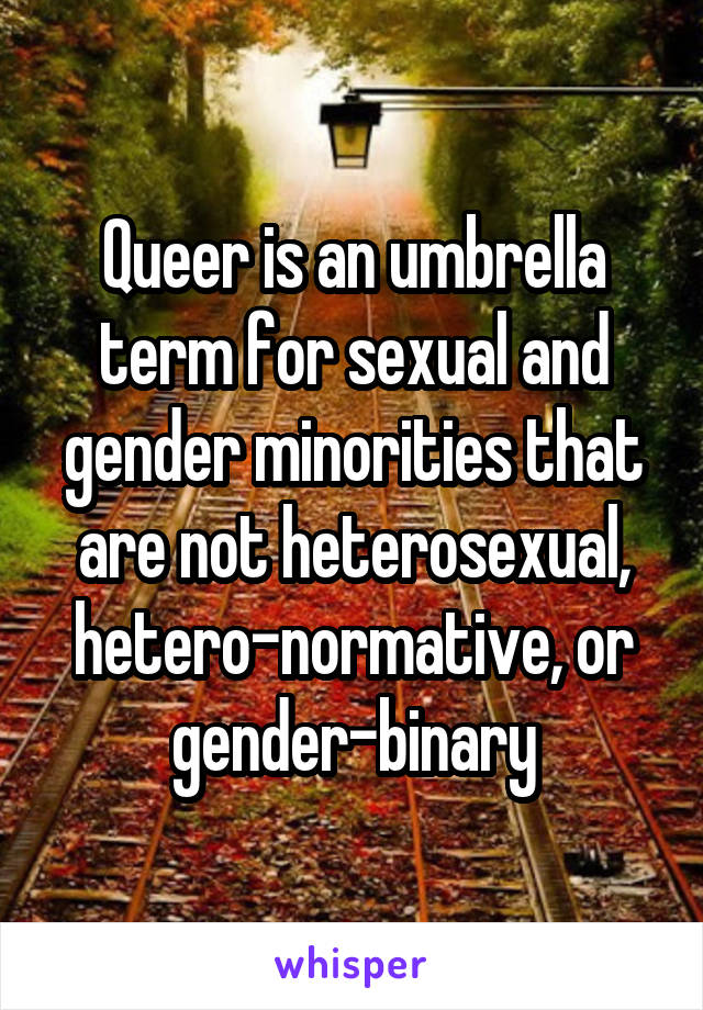 Queer is an umbrella term for sexual and gender minorities that are not heterosexual, hetero-normative, or gender-binary
