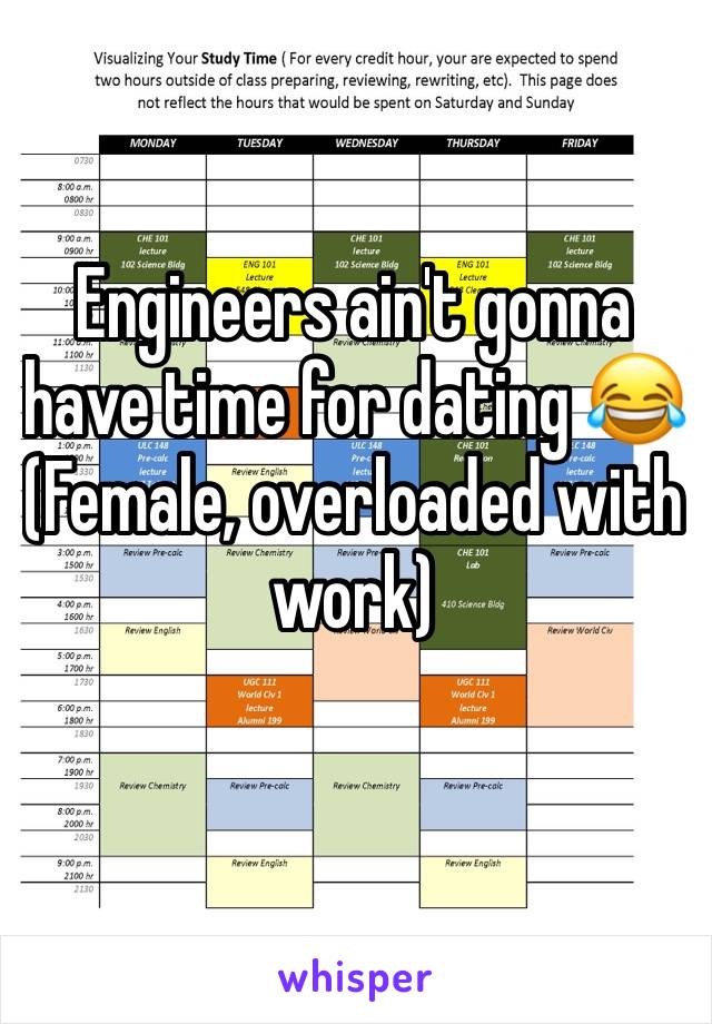 Engineers ain't gonna have time for dating 😂
(Female, overloaded with work)