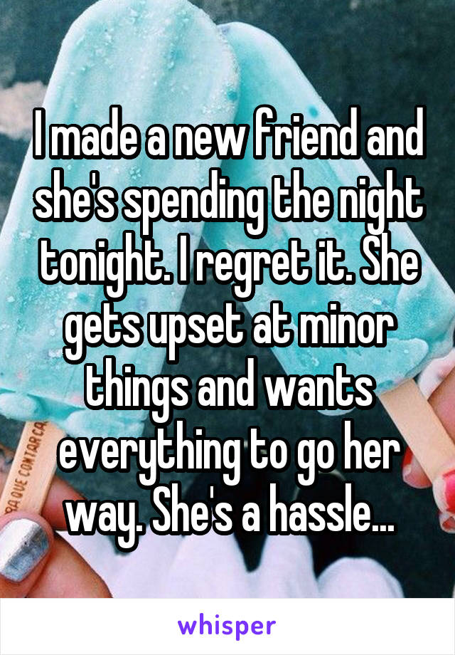 I made a new friend and she's spending the night tonight. I regret it. She gets upset at minor things and wants everything to go her way. She's a hassle...