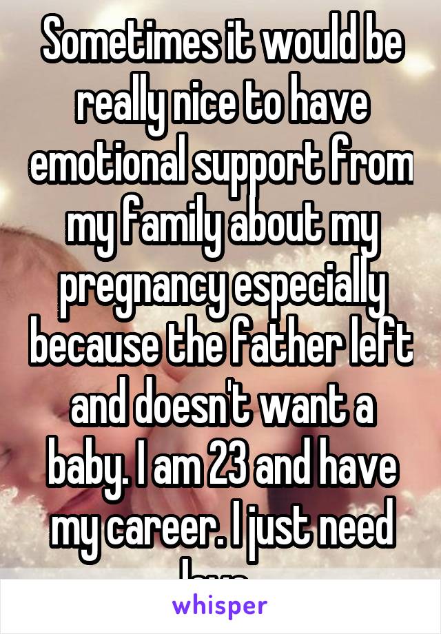 Sometimes it would be really nice to have emotional support from my family about my pregnancy especially because the father left and doesn't want a baby. I am 23 and have my career. I just need love..
