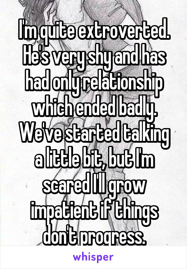 I'm quite extroverted. He's very shy and has had only relationship which ended badly.
We've started talking a little bit, but I'm scared I'll grow impatient if things don't progress.