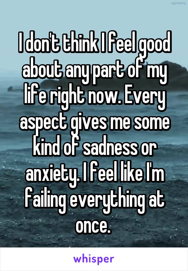 I don't think I feel good about any part of my life right now. Every aspect gives me some kind of sadness or anxiety. I feel like I'm failing everything at once. 