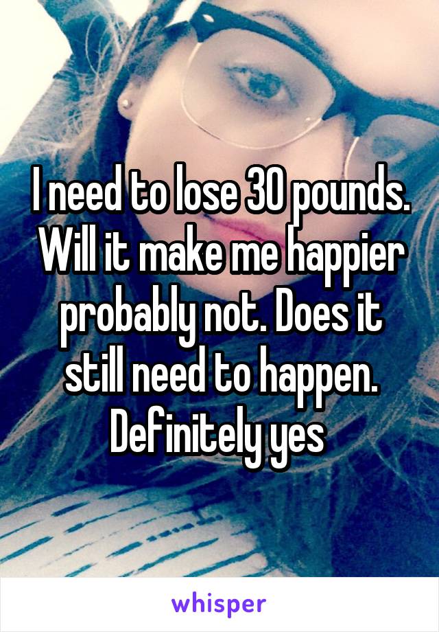 I need to lose 30 pounds. Will it make me happier probably not. Does it still need to happen. Definitely yes 