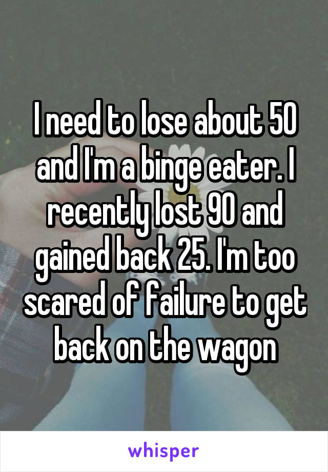 I need to lose about 50 and I'm a binge eater. I recently lost 90 and gained back 25. I'm too scared of failure to get back on the wagon