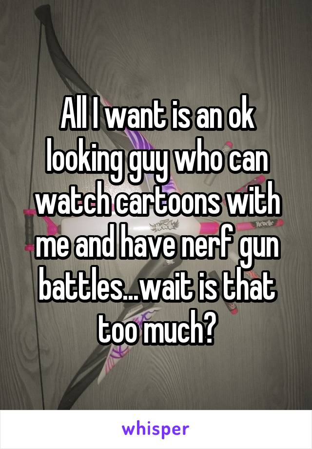 All I want is an ok looking guy who can watch cartoons with me and have nerf gun battles...wait is that too much?