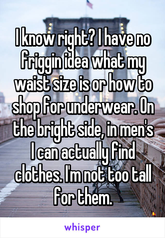 I know right? I have no friggin idea what my waist size is or how to shop for underwear. On the bright side, in men's I can actually find clothes. I'm not too tall for them.