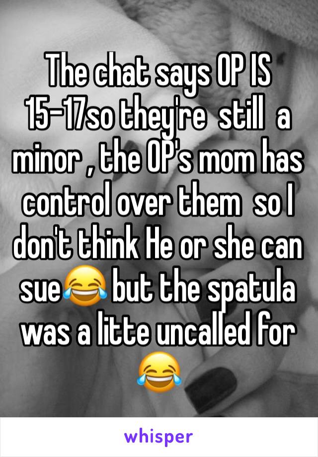 The chat says OP IS   15-17so they're  still  a minor , the OP's mom has control over them  so I don't think He or she can sue😂 but the spatula was a litte uncalled for 😂