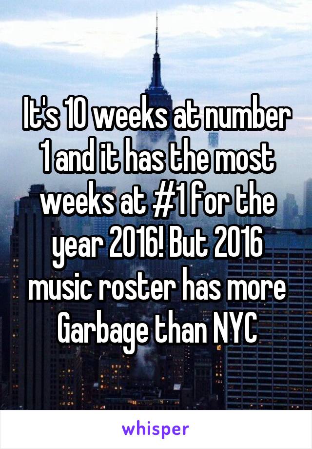 It's 10 weeks at number 1 and it has the most weeks at #1 for the year 2016! But 2016 music roster has more
Garbage than NYC