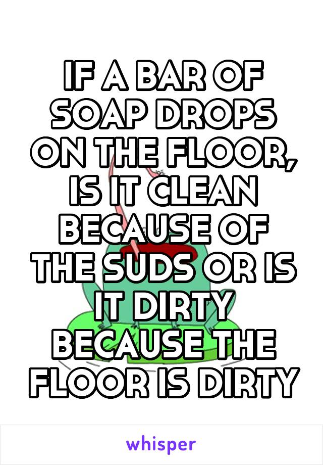 IF A BAR OF SOAP DROPS ON THE FLOOR, IS IT CLEAN BECAUSE OF THE SUDS OR IS IT DIRTY BECAUSE THE FLOOR IS DIRTY