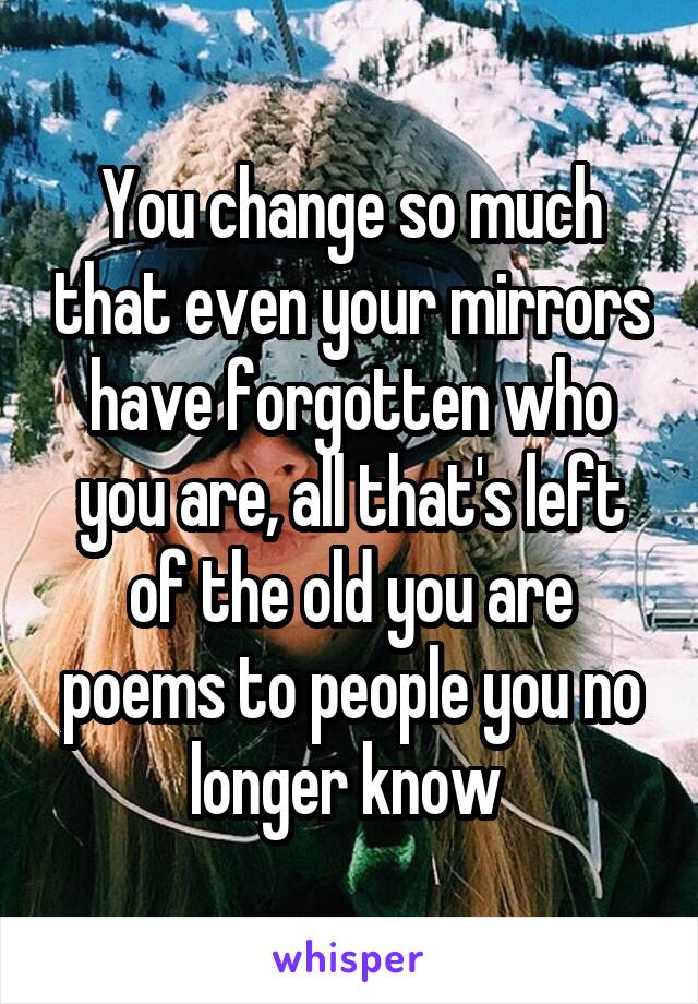 You change so much that even your mirrors have forgotten who you are, all that's left of the old you are poems to people you no longer know 