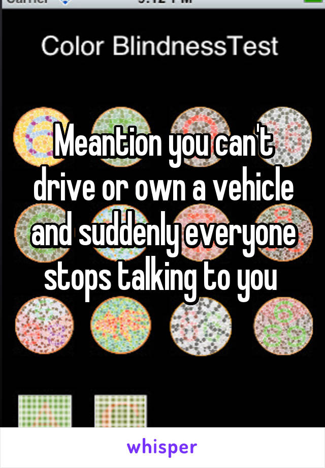 Meantion you can't drive or own a vehicle and suddenly everyone stops talking to you 
