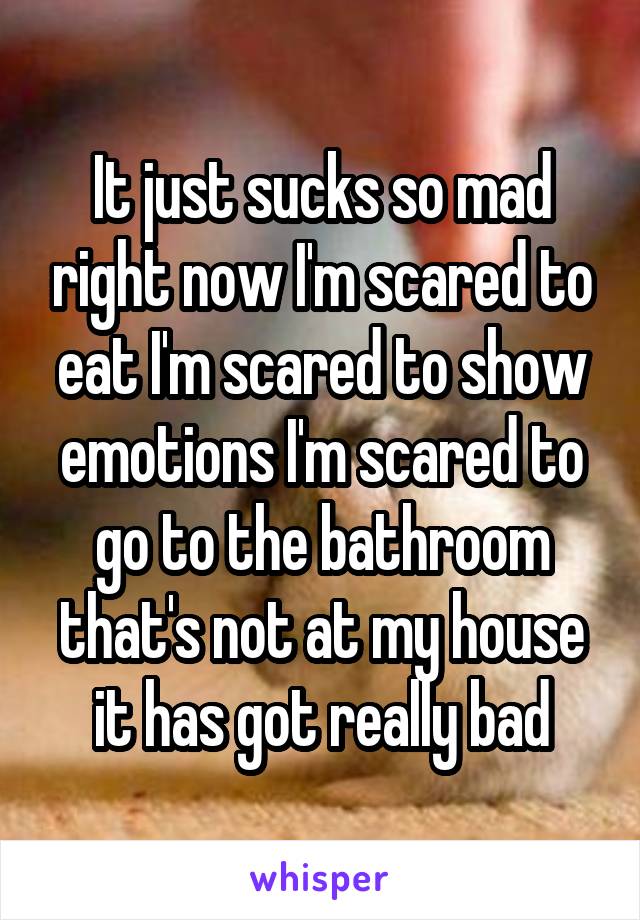 It just sucks so mad right now I'm scared to eat I'm scared to show emotions I'm scared to go to the bathroom that's not at my house it has got really bad