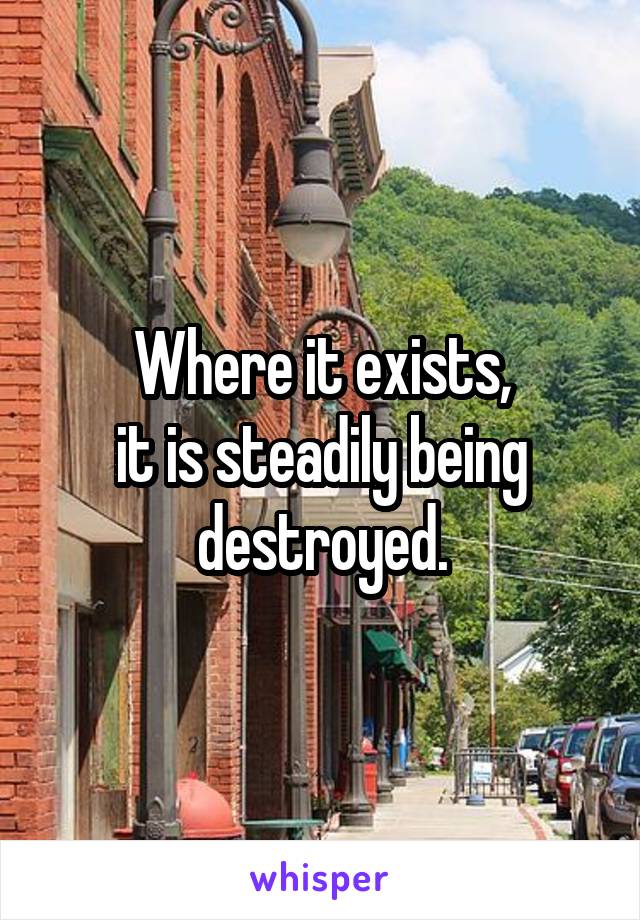 Where it exists,
it is steadily being destroyed.