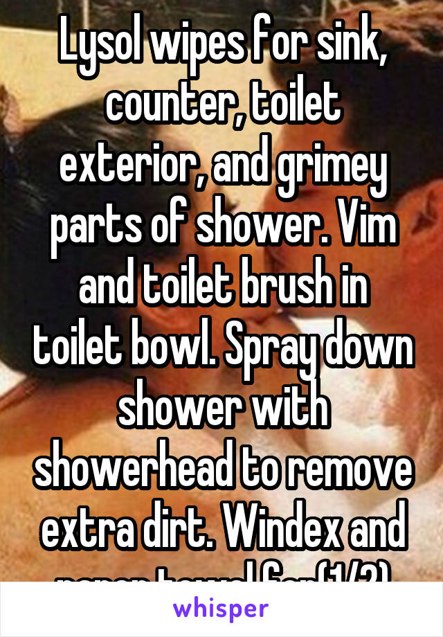 Lysol wipes for sink, counter, toilet exterior, and grimey parts of shower. Vim and toilet brush in toilet bowl. Spray down shower with showerhead to remove extra dirt. Windex and paper towel for(1/2)