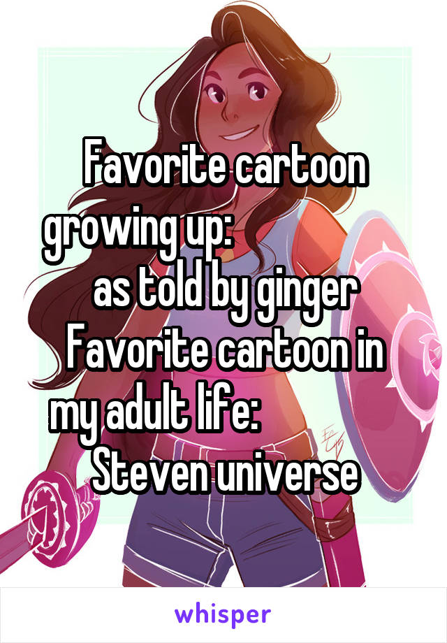Favorite cartoon growing up:                      as told by ginger
Favorite cartoon in my adult life:                  Steven universe