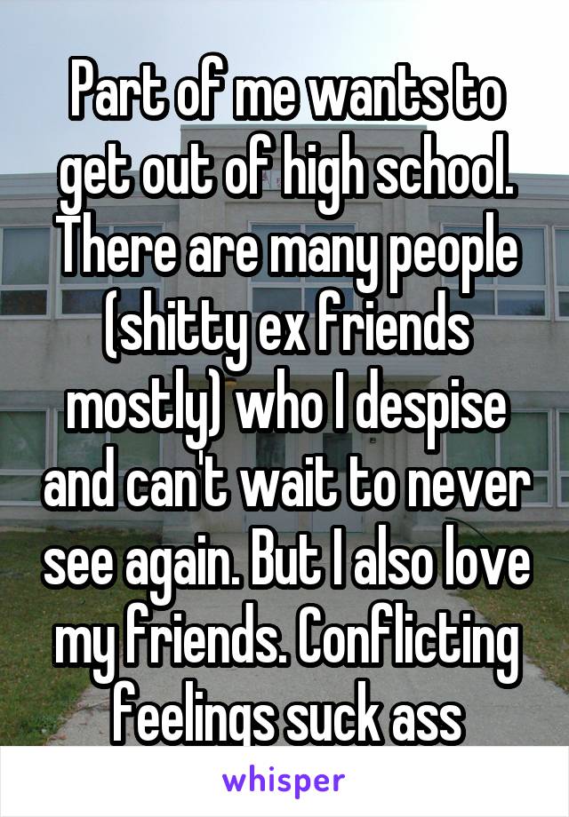 Part of me wants to get out of high school. There are many people (shitty ex friends mostly) who I despise and can't wait to never see again. But I also love my friends. Conflicting feelings suck ass
