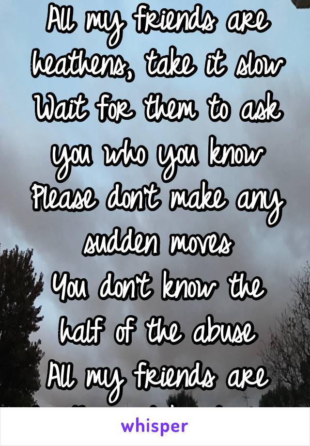 All my friends are heathens, take it slow
Wait for them to ask you who you know
Please don't make any sudden moves
You don't know the half of the abuse
All my friends are heathens, take it slow