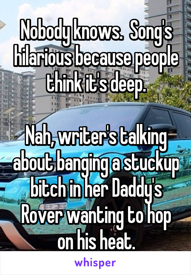 Nobody knows.  Song's hilarious because people think it's deep.

Nah, writer's talking about banging a stuckup bitch in her Daddy's Rover wanting to hop on his heat.