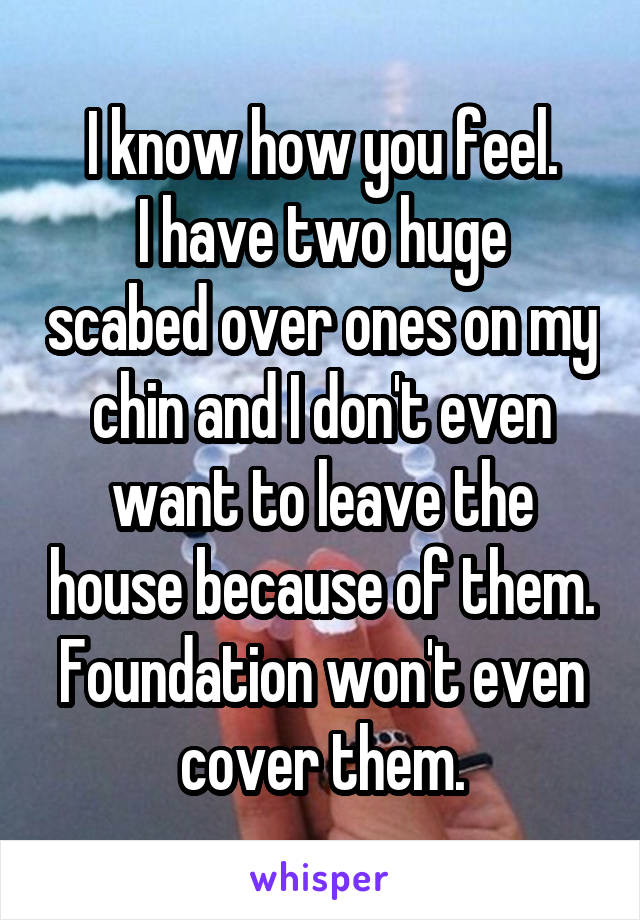 I know how you feel.
I have two huge scabed over ones on my chin and I don't even want to leave the house because of them. Foundation won't even cover them.