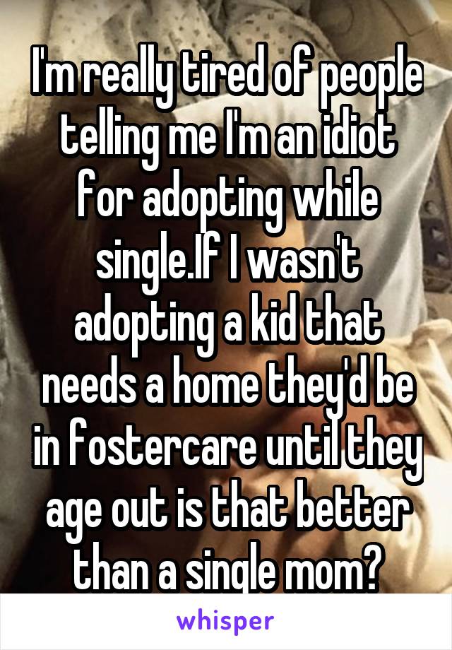 I'm really tired of people telling me I'm an idiot for adopting while single.If I wasn't adopting a kid that needs a home they'd be in fostercare until they age out is that better than a single mom?