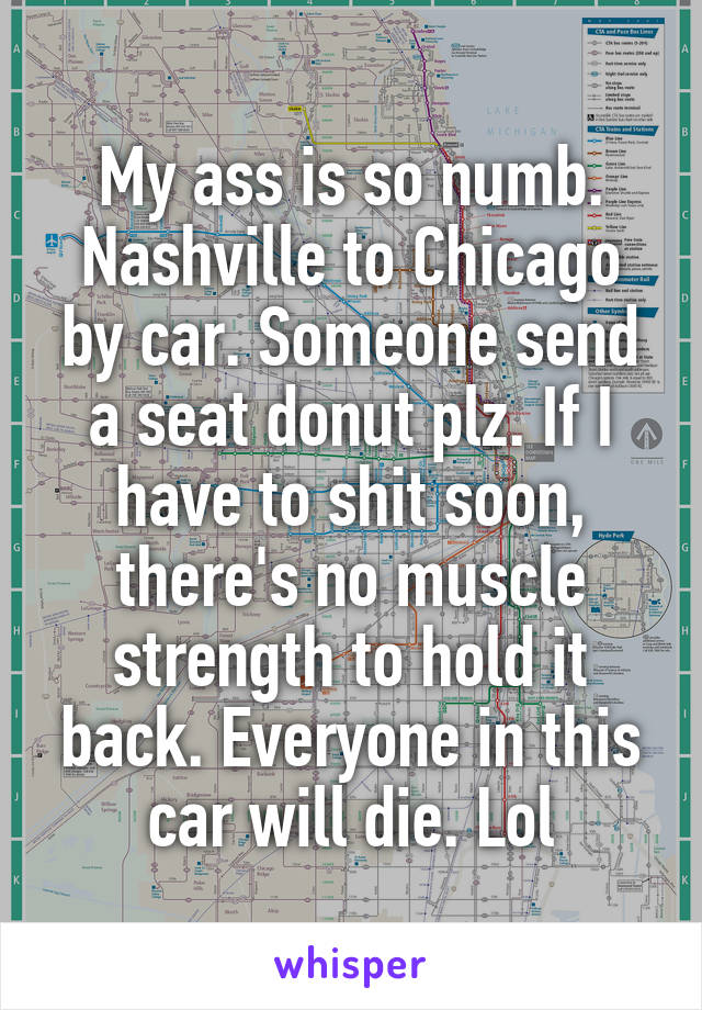 My ass is so numb. Nashville to Chicago by car. Someone send a seat donut plz. If I have to shit soon, there's no muscle strength to hold it back. Everyone in this car will die. Lol