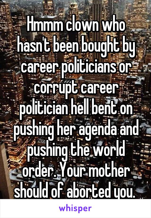 Hmmm clown who hasn't been bought by career politicians or corrupt career politician hell bent on pushing her agenda and pushing the world order. Your mother should of aborted you. 