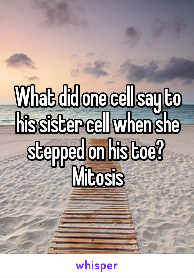 What did one cell say to his sister cell when she stepped on his toe? 
Mitosis