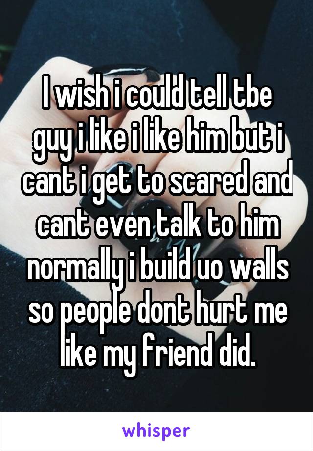 I wish i could tell tbe guy i like i like him but i cant i get to scared and cant even talk to him normally i build uo walls so people dont hurt me like my friend did.