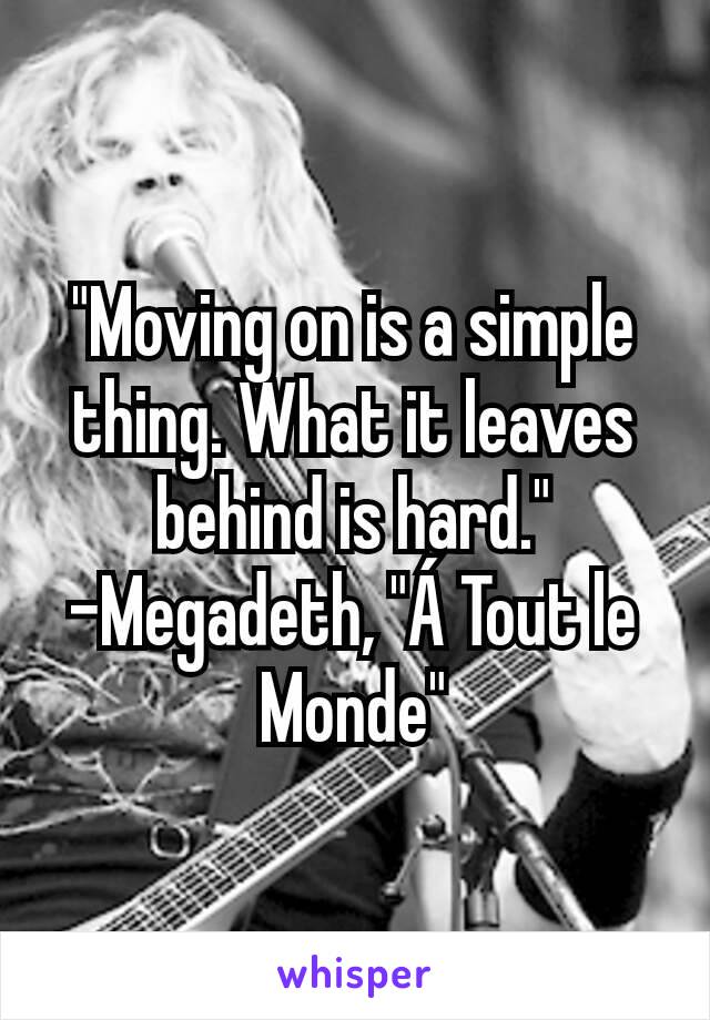 "Moving on is a simple thing. What it leaves behind is hard."
-Megadeth, "Á Tout le Monde"