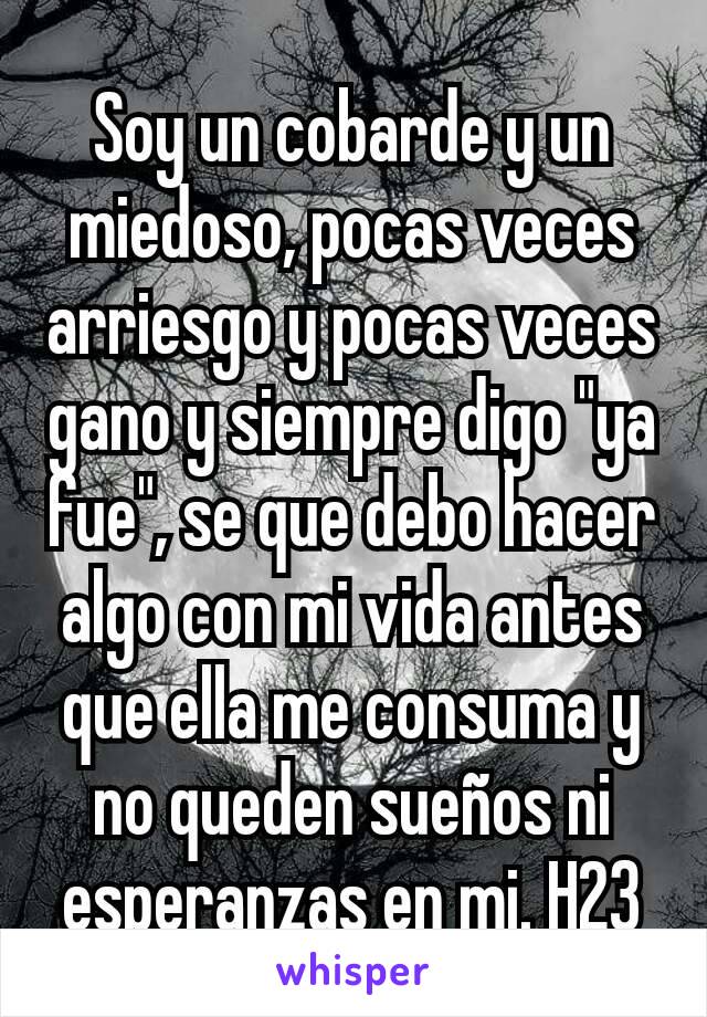 Soy un cobarde y un miedoso, pocas veces arriesgo y pocas veces gano y siempre digo "ya fue", se que debo hacer algo con mi vida antes que ella me consuma y no queden sueños ni esperanzas en mi. H23