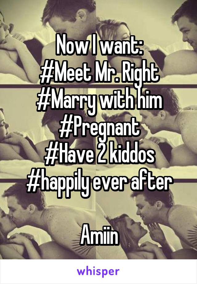 Now I want:
#Meet Mr. Right
#Marry with him
#Pregnant
#Have 2 kiddos
#happily ever after

Amiin