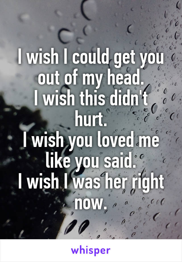 I wish I could get you out of my head.
I wish this didn't hurt.
I wish you loved me like you said.
I wish I was her right now.