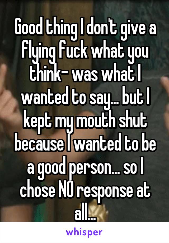 Good thing I don't give a flying fuck what you think- was what I wanted to say... but I kept my mouth shut because I wanted to be a good person... so I chose NO response at all...