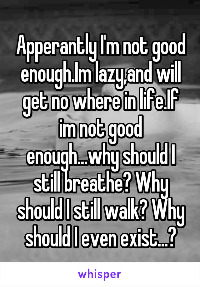 Apperantly I'm not good enough.Im lazy,and will get no where in life.If im not good enough...why should I still breathe? Why should I still walk? Why should I even exist...?