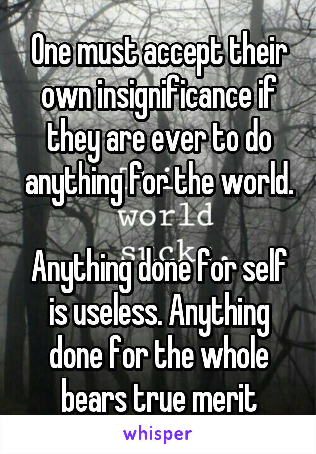 One must accept their own insignificance if they are ever to do anything for the world.

Anything done for self is useless. Anything done for the whole bears true merit