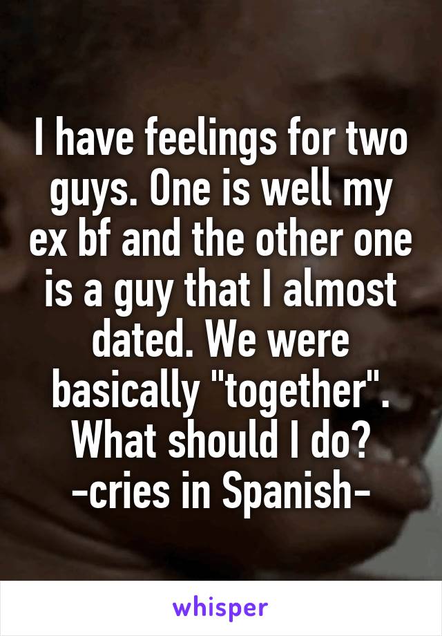 I have feelings for two guys. One is well my ex bf and the other one is a guy that I almost dated. We were basically "together".
What should I do?
-cries in Spanish-