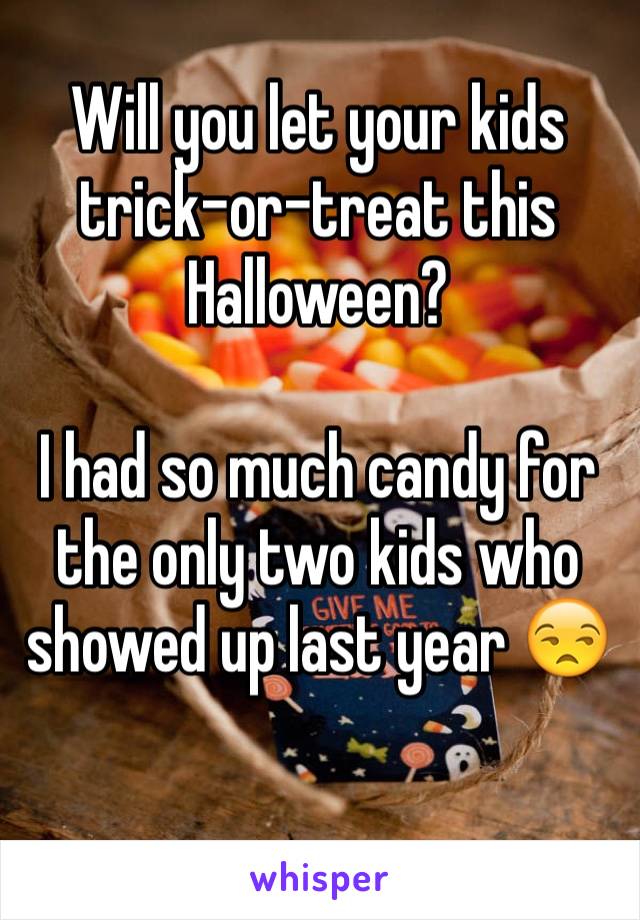 Will you let your kids trick-or-treat this Halloween?

I had so much candy for the only two kids who showed up last year 😒

