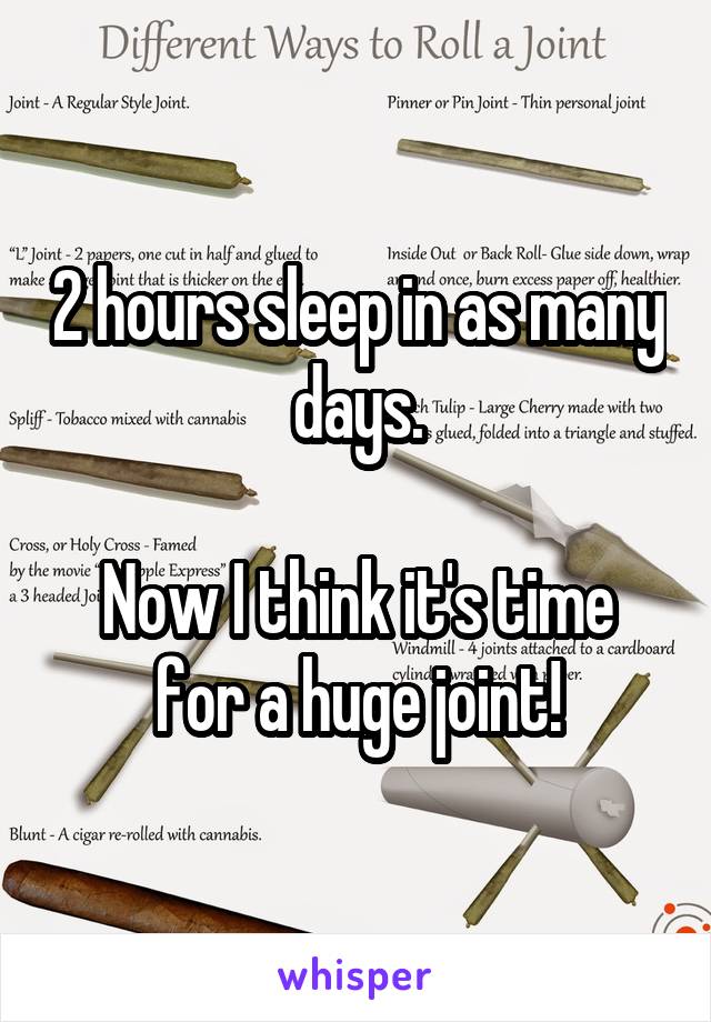 2 hours sleep in as many days.

Now I think it's time for a huge joint!