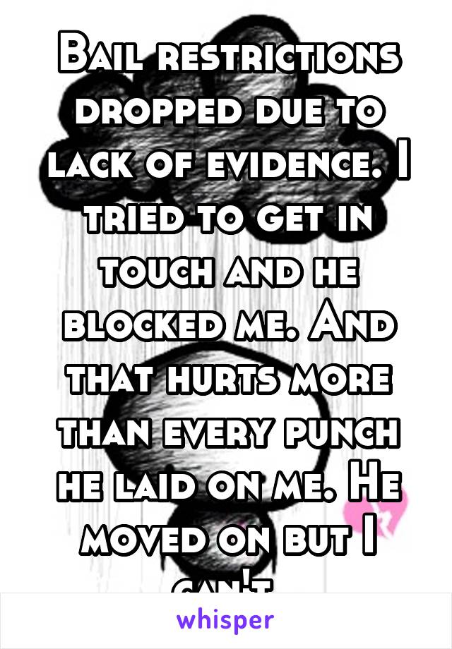 Bail restrictions dropped due to lack of evidence. I tried to get in touch and he blocked me. And that hurts more than every punch he laid on me. He moved on but I can't.