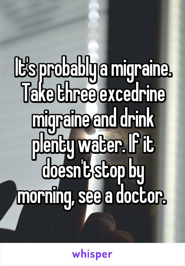 It's probably a migraine. Take three excedrine migraine and drink plenty water. If it doesn't stop by morning, see a doctor. 