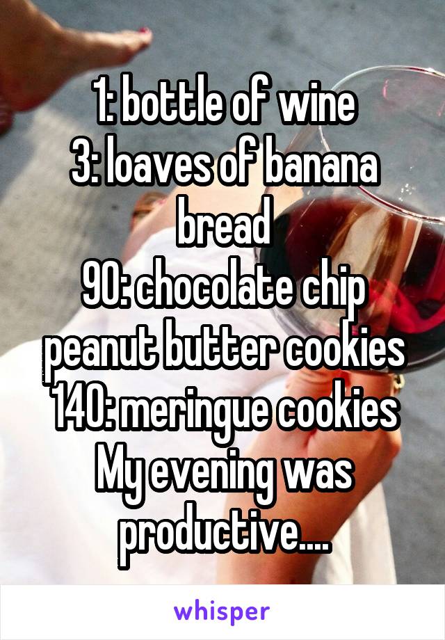 1: bottle of wine
3: loaves of banana bread
90: chocolate chip peanut butter cookies
140: meringue cookies
My evening was productive....