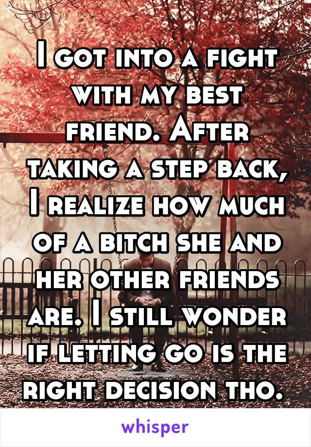 I got into a fight with my best friend. After taking a step back, I realize how much of a bitch she and her other friends are. I still wonder if letting go is the right decision tho. 