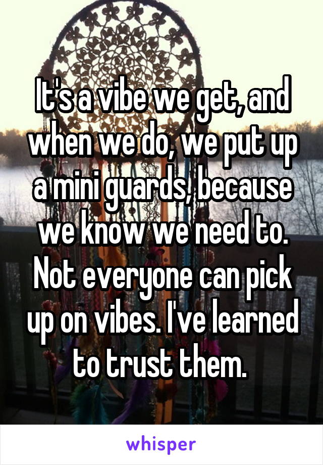 It's a vibe we get, and when we do, we put up a mini guards, because we know we need to. Not everyone can pick up on vibes. I've learned to trust them. 