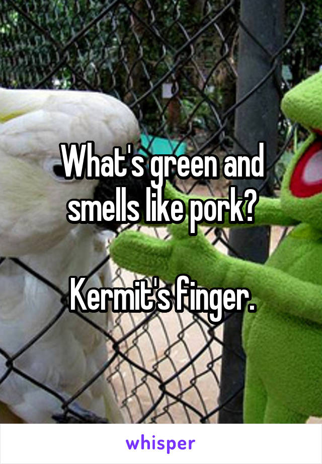 What's green and smells like pork?

Kermit's finger.