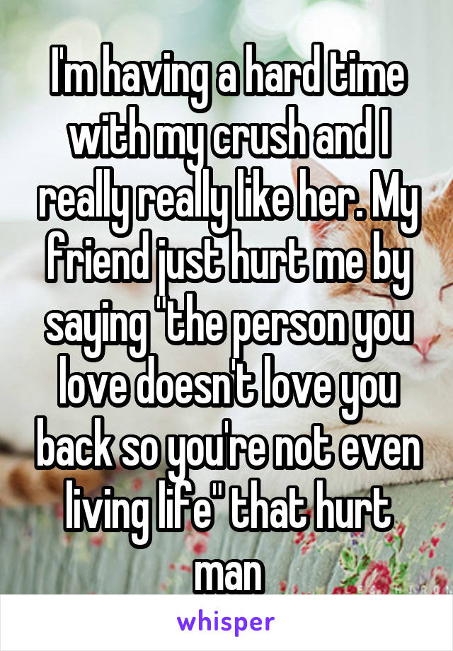 I'm having a hard time with my crush and I really really like her. My friend just hurt me by saying "the person you love doesn't love you back so you're not even living life" that hurt man