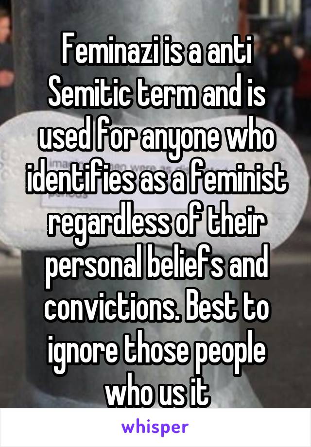 Feminazi is a anti Semitic term and is used for anyone who identifies as a feminist regardless of their personal beliefs and convictions. Best to ignore those people who us it