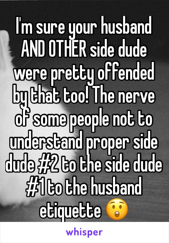 I'm sure your husband AND OTHER side dude were pretty offended by that too! The nerve of some people not to understand proper side dude #2 to the side dude #1 to the husband etiquette 😲