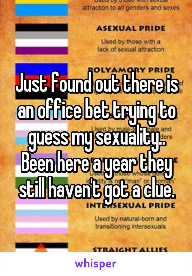 Just found out there is an office bet trying to guess my sexuality.. Been here a year they still haven't got a clue.