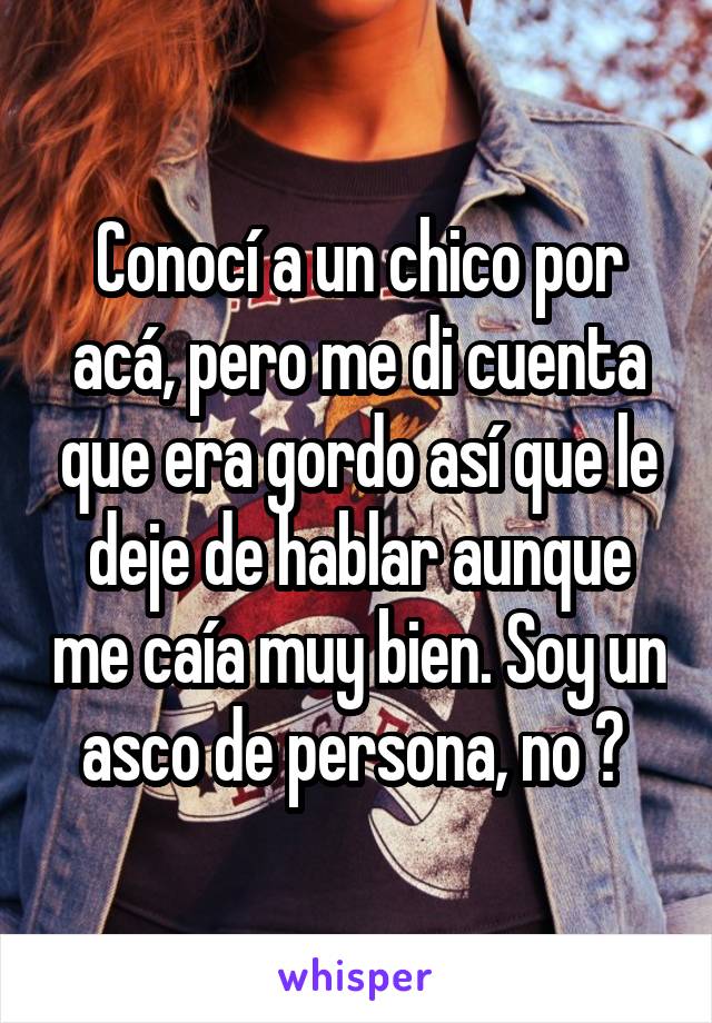 Conocí a un chico por acá, pero me di cuenta que era gordo así que le deje de hablar aunque me caía muy bien. Soy un asco de persona, no ? 