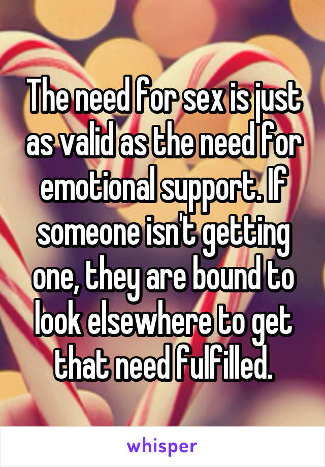 The need for sex is just as valid as the need for emotional support. If someone isn't getting one, they are bound to look elsewhere to get that need fulfilled.